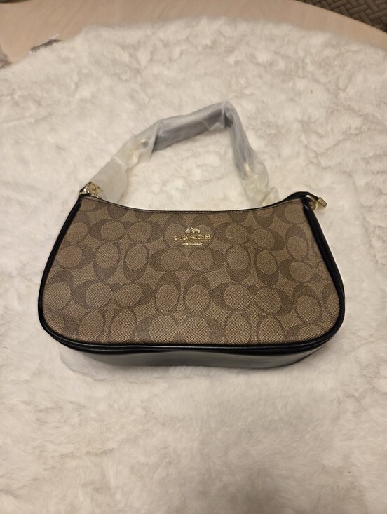 Coach Handbags - Coach Brown Signature Canvas Shoulder Bag with Black Trim